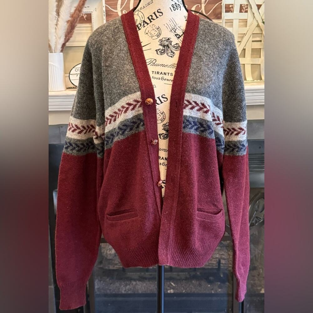Jantzen Vintage Streetwear Wool Blend Knit Fair Isle Cardigan Sweater USA Medium